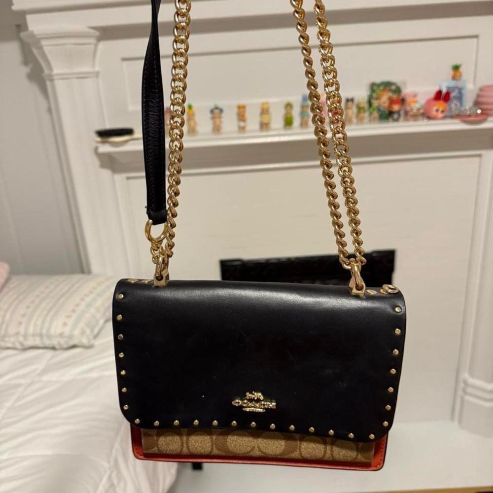 Coach Black and Tan Crossbody Bag with Gold Chain Strap